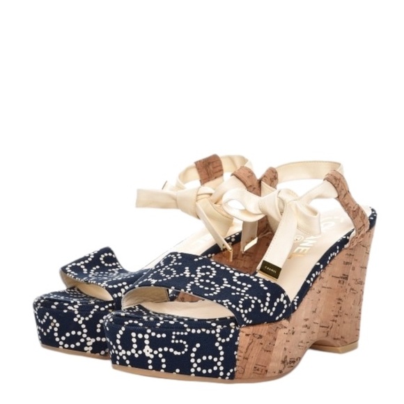 CHANEL Canvas Lambskin Cork CC Logo Print Platform Wedge37/6.5 Navy/White